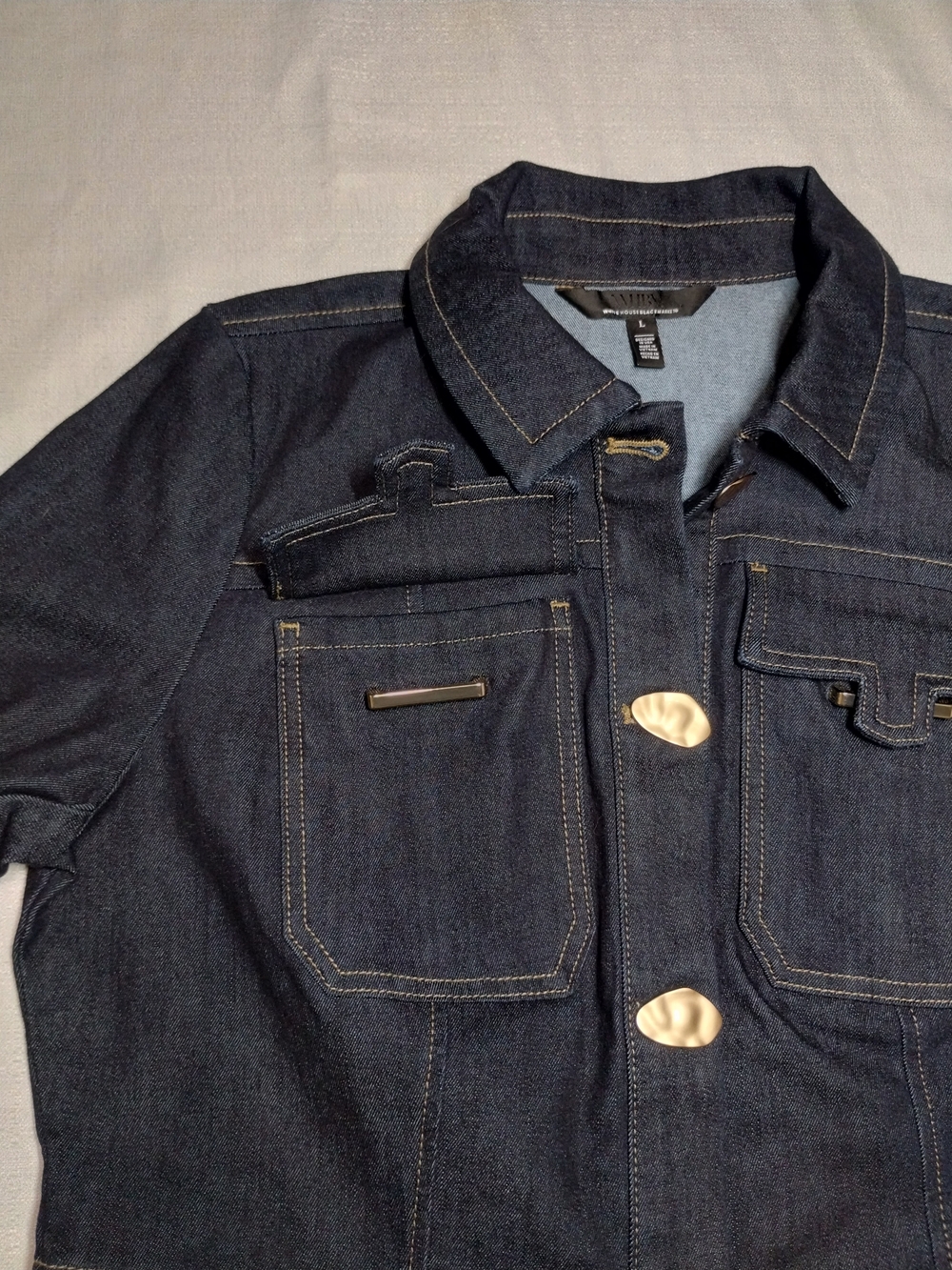 White House Black Market Navy Blue Denim Jacket with Gold Accents - Picture 9 of 12